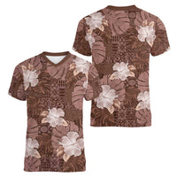 Hawaii Women V-Neck T-Shirt Brown Polynesian Monstera Patterns DT05 - Polynesian Pride