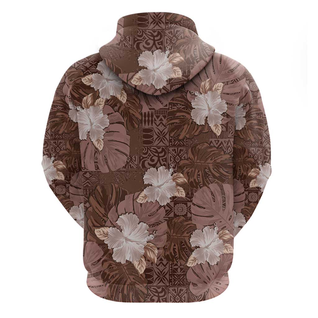 Hawaii Zip Hoodie Brown Polynesian Monstera Patterns - Polynesian Pride