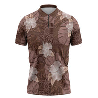 Hawaii Zipper Polo Shirt Brown Polynesian Monstera Patterns - Polynesian Pride