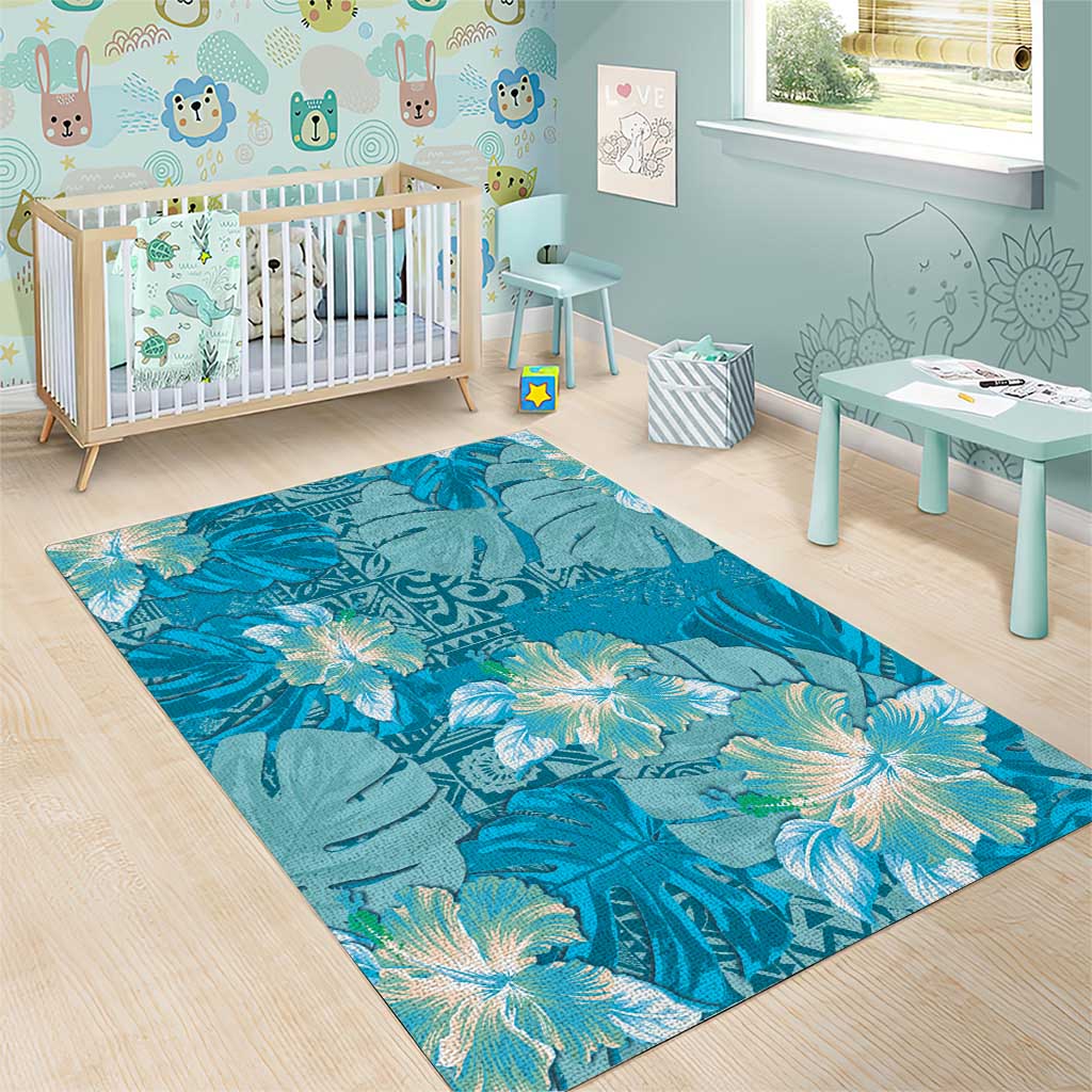 Hawaii Area Rug Teal Polynesian Monstera Patterns - Polynesian Pride