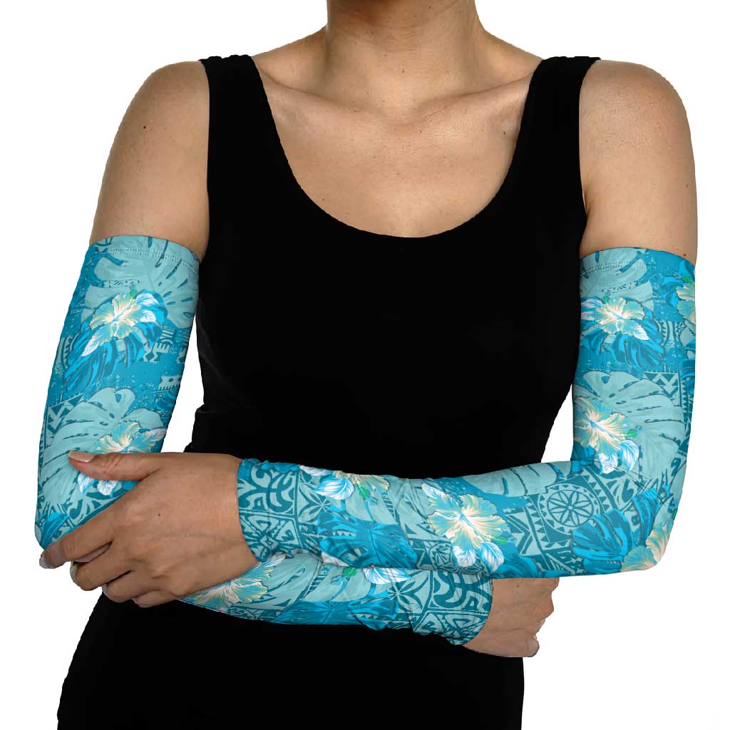 Hawaii Arm Sleeves Teal Polynesian Monstera Patterns - Polynesian Pride
