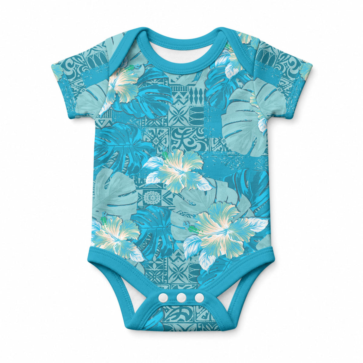 Hawaii Baby Onesie Teal Polynesian Monstera Patterns