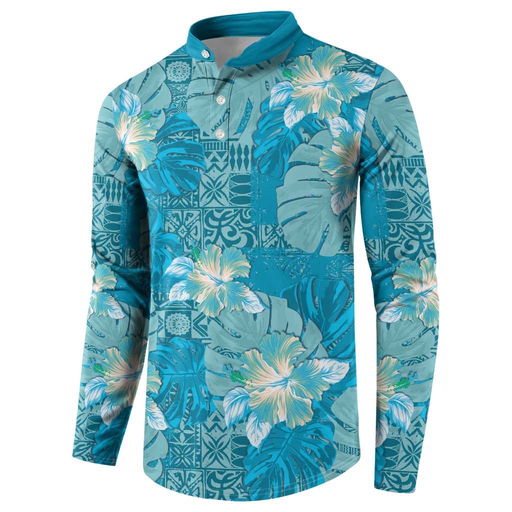 Hawaii Button Sweatshirt Teal Polynesian Monstera Patterns DT05 - Polynesian Pride