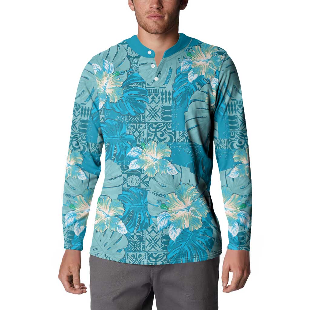 Hawaii Button Sweatshirt Teal Polynesian Monstera Patterns DT05 - Polynesian Pride