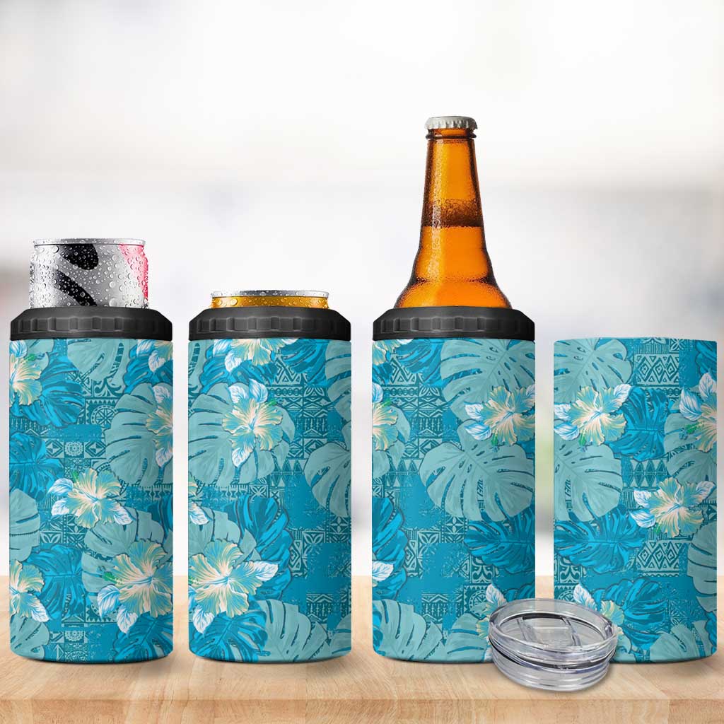 Hawaii 4 in 1 Can Cooler Tumbler Teal Polynesian Monstera Patterns - Polynesian Pride
