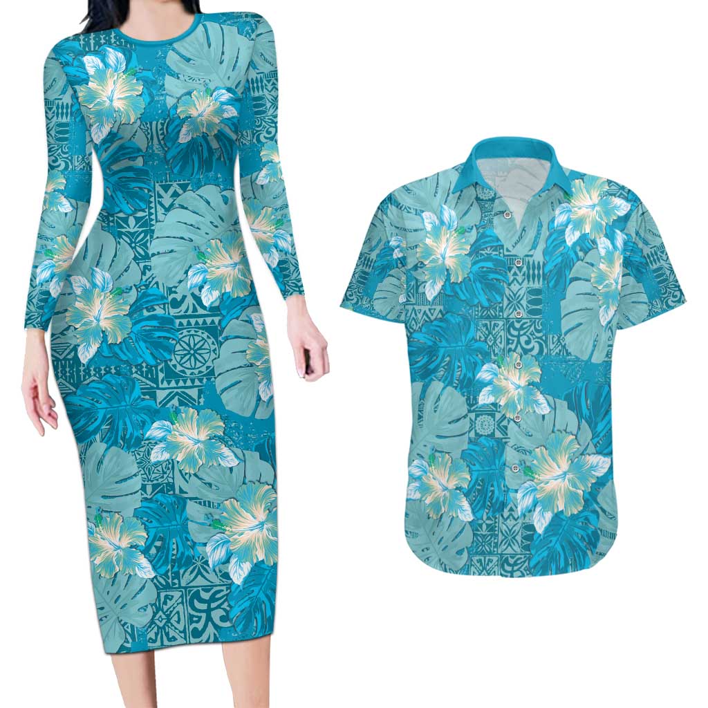 Hawaii Couples Matching Long Sleeve Bodycon Dress and Hawaiian Shirt Teal Polynesian Monstera Patterns - Polynesian Pride