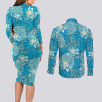 Hawaii Couples Matching Long Sleeve Bodycon Dress and Long Sleeve Button Shirt Teal Polynesian Monstera Patterns - Polynesian Pride