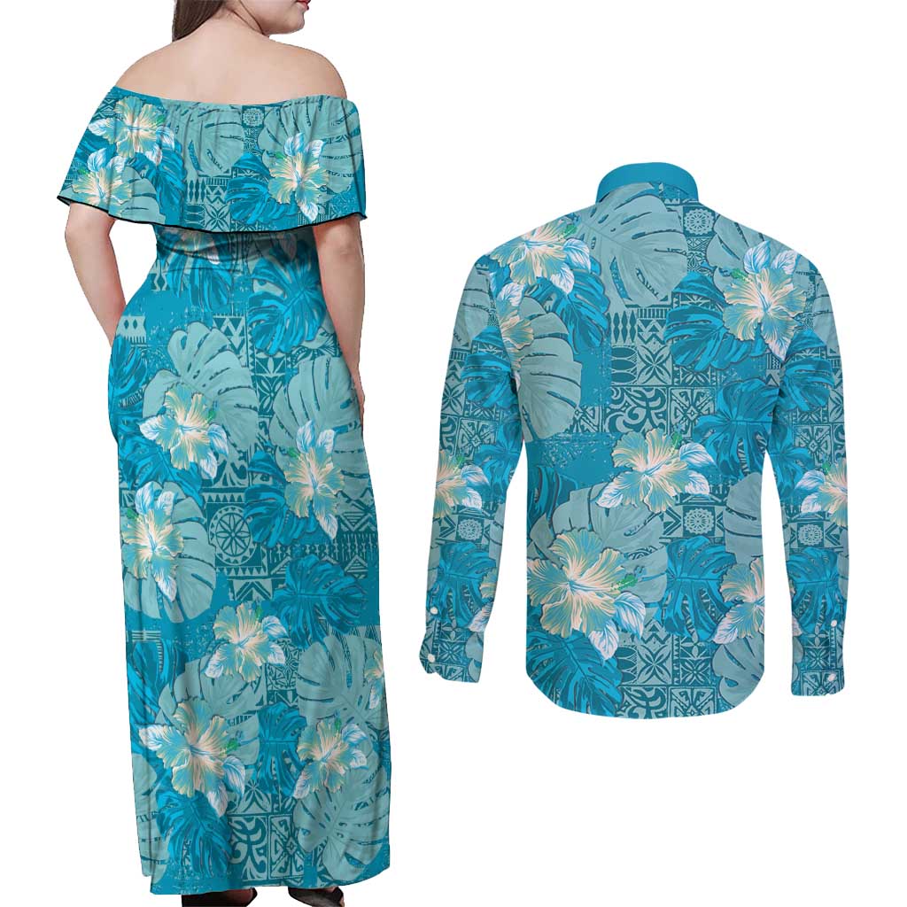 Hawaii Couples Matching Off Shoulder Maxi Dress and Long Sleeve Button Shirt Teal Polynesian Monstera Patterns - Polynesian Pride