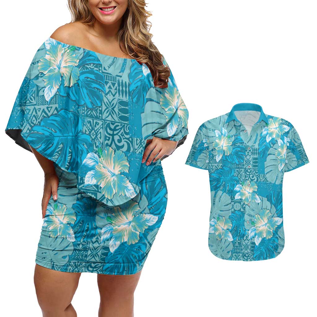 Hawaii Couples Matching Off Shoulder Short Dress and Hawaiian Shirt Teal Polynesian Monstera Patterns - Polynesian Pride