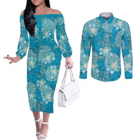 Hawaii Couples Matching Off The Shoulder Long Sleeve Dress and Long Sleeve Button Shirt Teal Polynesian Monstera Patterns - Polynesian Pride