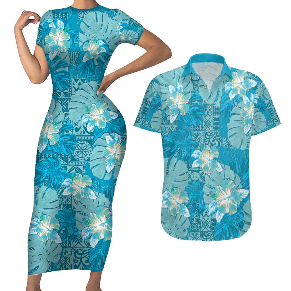 Hawaii Couples Matching Short Sleeve Bodycon Dress and Hawaiian Shirt Teal Polynesian Monstera Patterns - Polynesian Pride