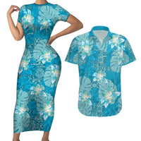Hawaii Couples Matching Short Sleeve Bodycon Dress and Hawaiian Shirt Teal Polynesian Monstera Patterns - Polynesian Pride