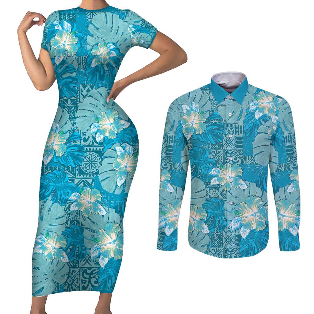 Hawaii Couples Matching Short Sleeve Bodycon Dress and Long Sleeve Button Shirt Teal Polynesian Monstera Patterns - Polynesian Pride