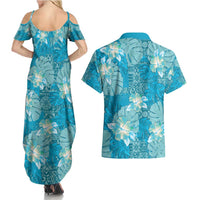 Hawaii Couples Matching Summer Maxi Dress and Hawaiian Shirt Teal Polynesian Monstera Patterns - Polynesian Pride