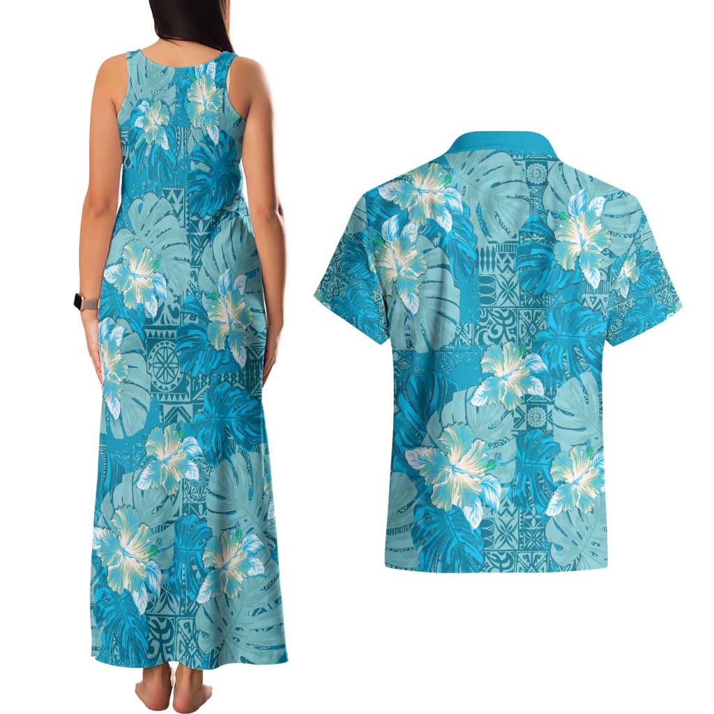 Hawaii Couples Matching Tank Maxi Dress and Hawaiian Shirt Teal Polynesian Monstera Patterns - Polynesian Pride