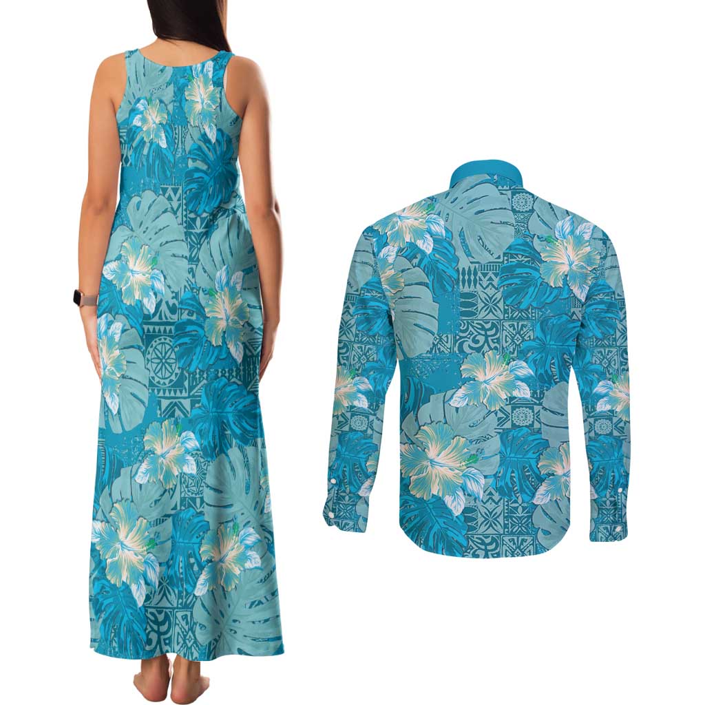 Hawaii Couples Matching Tank Maxi Dress and Long Sleeve Button Shirt Teal Polynesian Monstera Patterns - Polynesian Pride