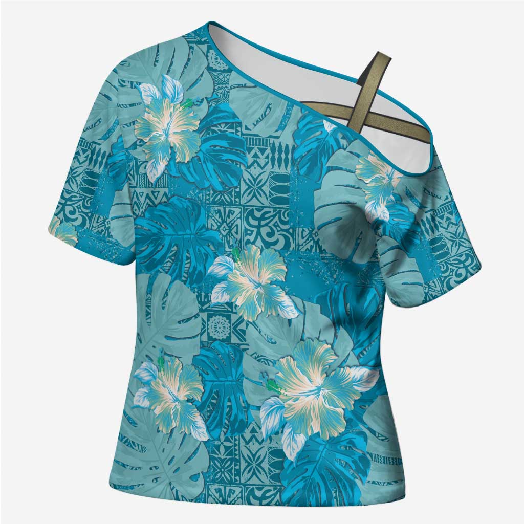 Hawaii Cross Shoulder Shirt Teal Polynesian Monstera Patterns DT05 Female Teal - Polynesian Pride