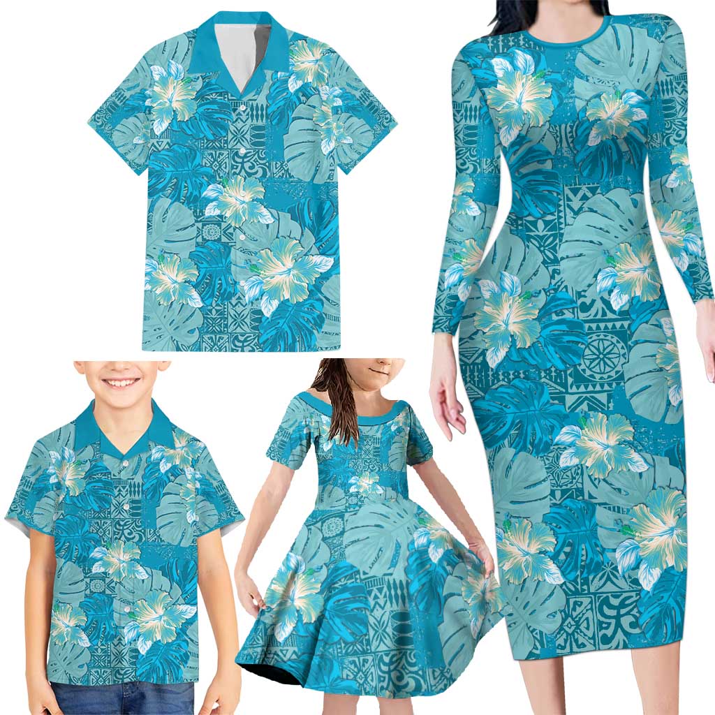 Hawaii Family Matching Long Sleeve Bodycon Dress and Hawaiian Shirt Teal Polynesian Monstera Patterns - Polynesian Pride
