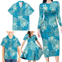 Hawaii Family Matching Long Sleeve Bodycon Dress and Hawaiian Shirt Teal Polynesian Monstera Patterns - Polynesian Pride