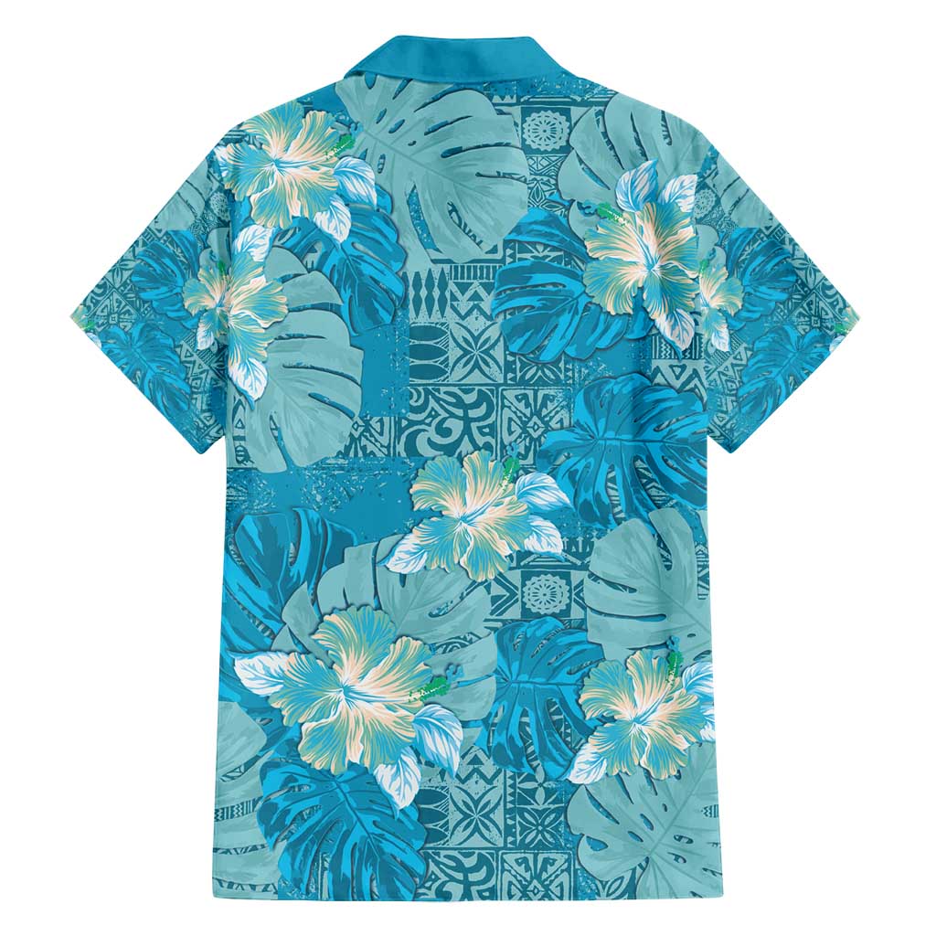 Hawaii Family Matching Long Sleeve Bodycon Dress and Hawaiian Shirt Teal Polynesian Monstera Patterns - Polynesian Pride