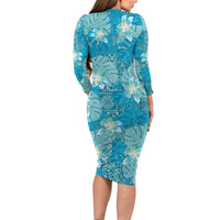 Hawaii Family Matching Long Sleeve Bodycon Dress and Hawaiian Shirt Teal Polynesian Monstera Patterns - Polynesian Pride