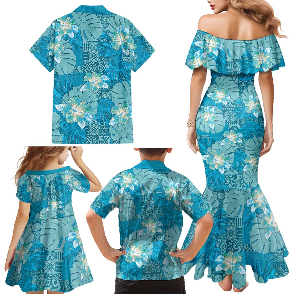 Hawaii Family Matching Mermaid Dress and Hawaiian Shirt Teal Polynesian Monstera Patterns - Polynesian Pride