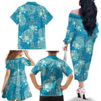Hawaii Family Matching Off The Shoulder Long Sleeve Dress and Hawaiian Shirt Teal Polynesian Monstera Patterns - Polynesian Pride