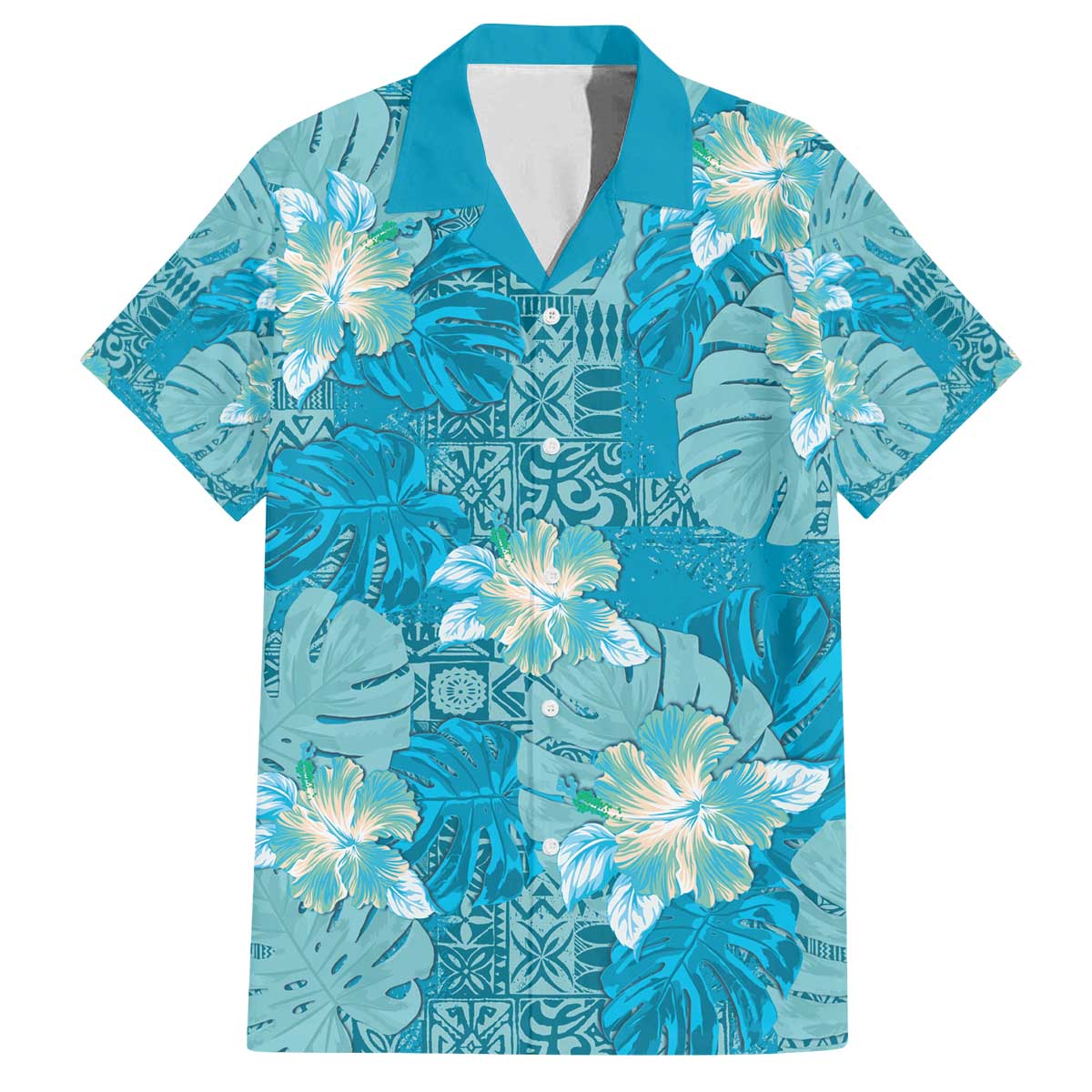 Hawaii Family Matching Off The Shoulder Long Sleeve Dress and Hawaiian Shirt Teal Polynesian Monstera Patterns - Polynesian Pride