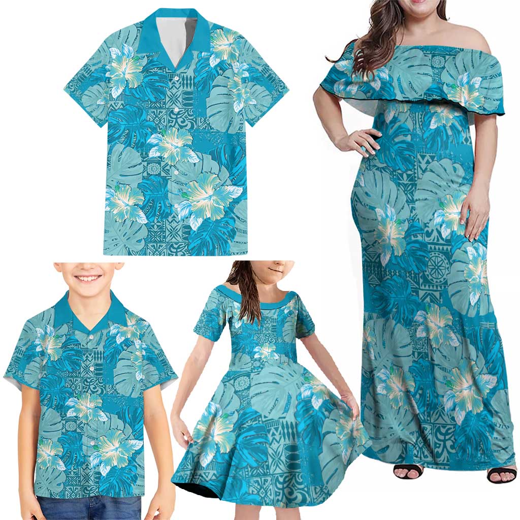 Hawaii Family Matching Off Shoulder Maxi Dress and Hawaiian Shirt Teal Polynesian Monstera Patterns - Polynesian Pride