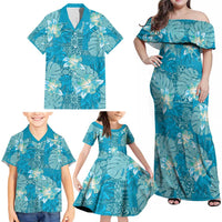 Hawaii Family Matching Off Shoulder Maxi Dress and Hawaiian Shirt Teal Polynesian Monstera Patterns - Polynesian Pride