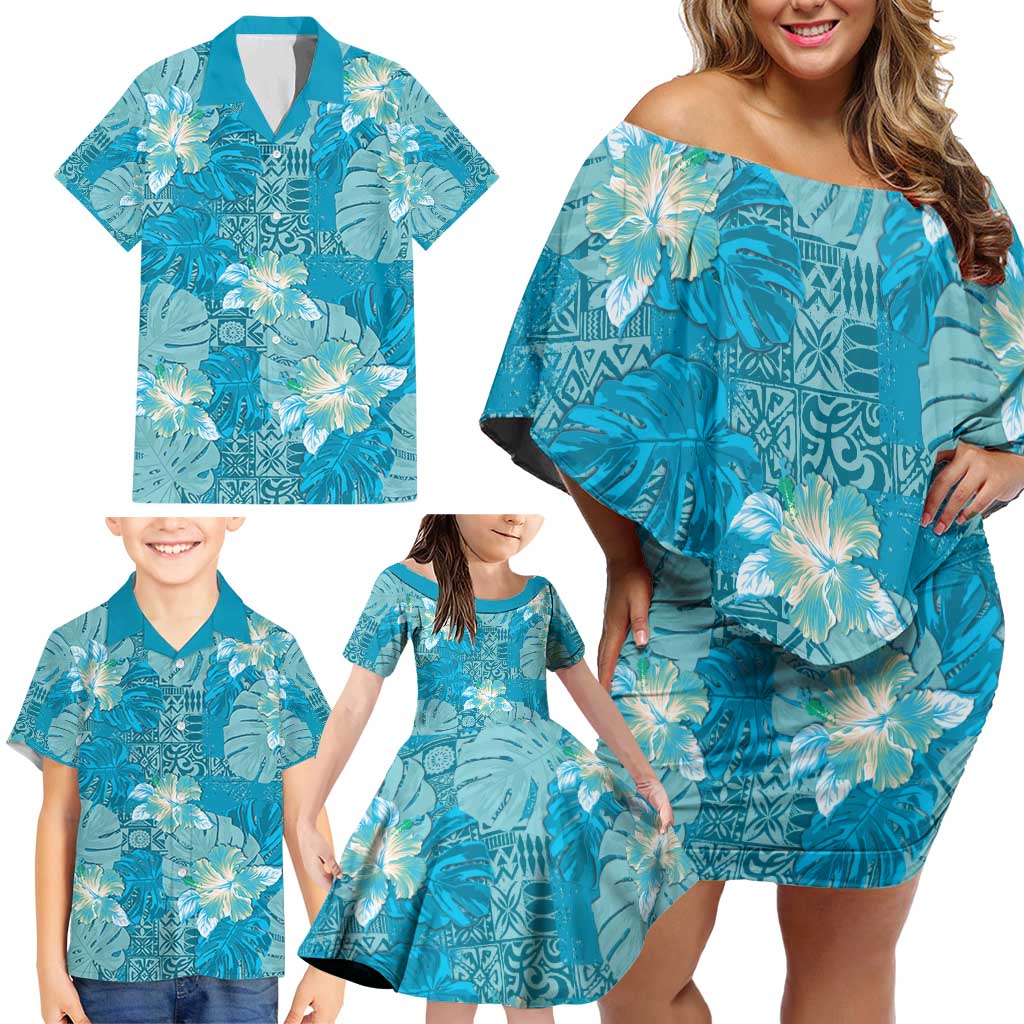 Hawaii Family Matching Off Shoulder Short Dress and Hawaiian Shirt Teal Polynesian Monstera Patterns - Polynesian Pride