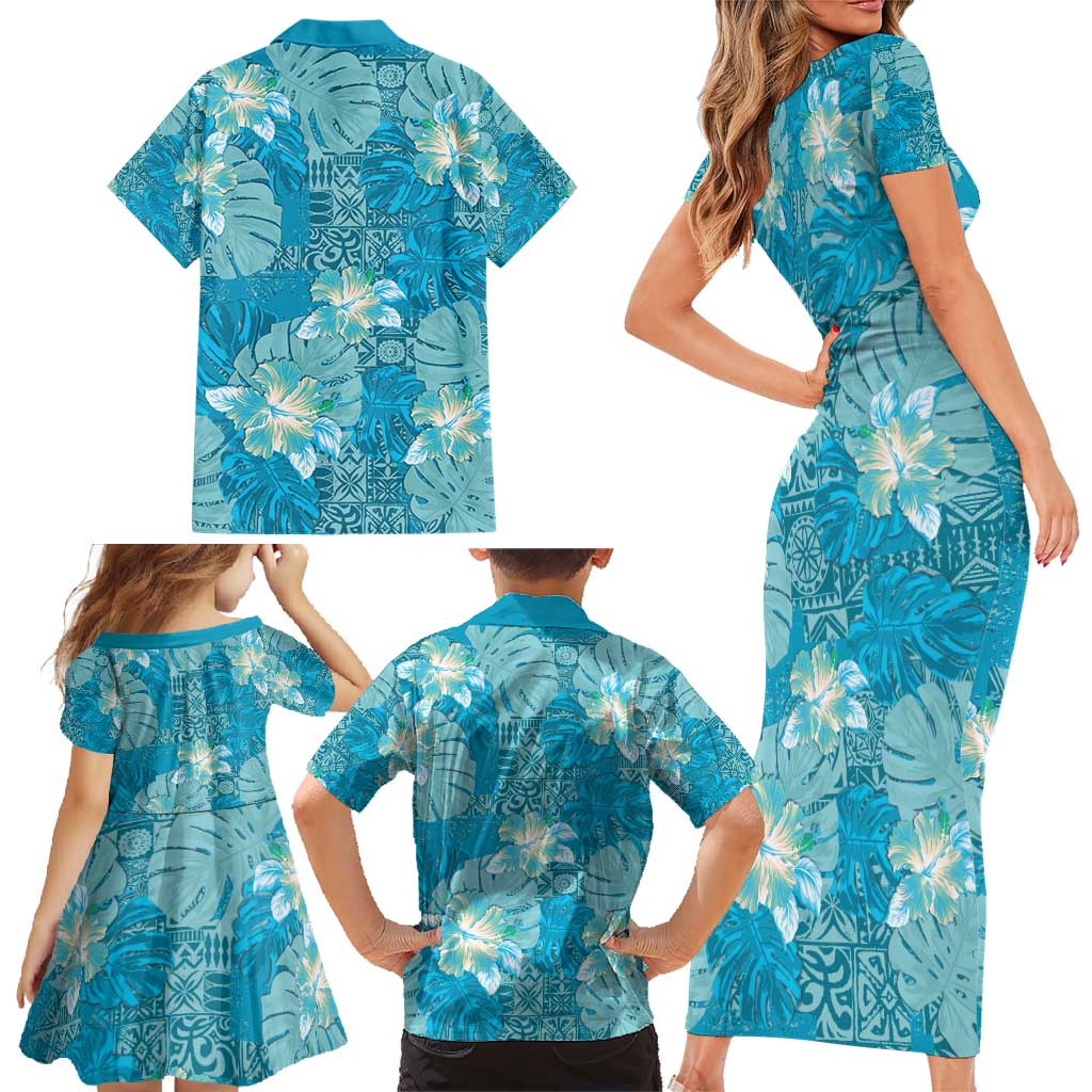 Hawaii Family Matching Short Sleeve Bodycon Dress and Hawaiian Shirt Teal Polynesian Monstera Patterns - Polynesian Pride
