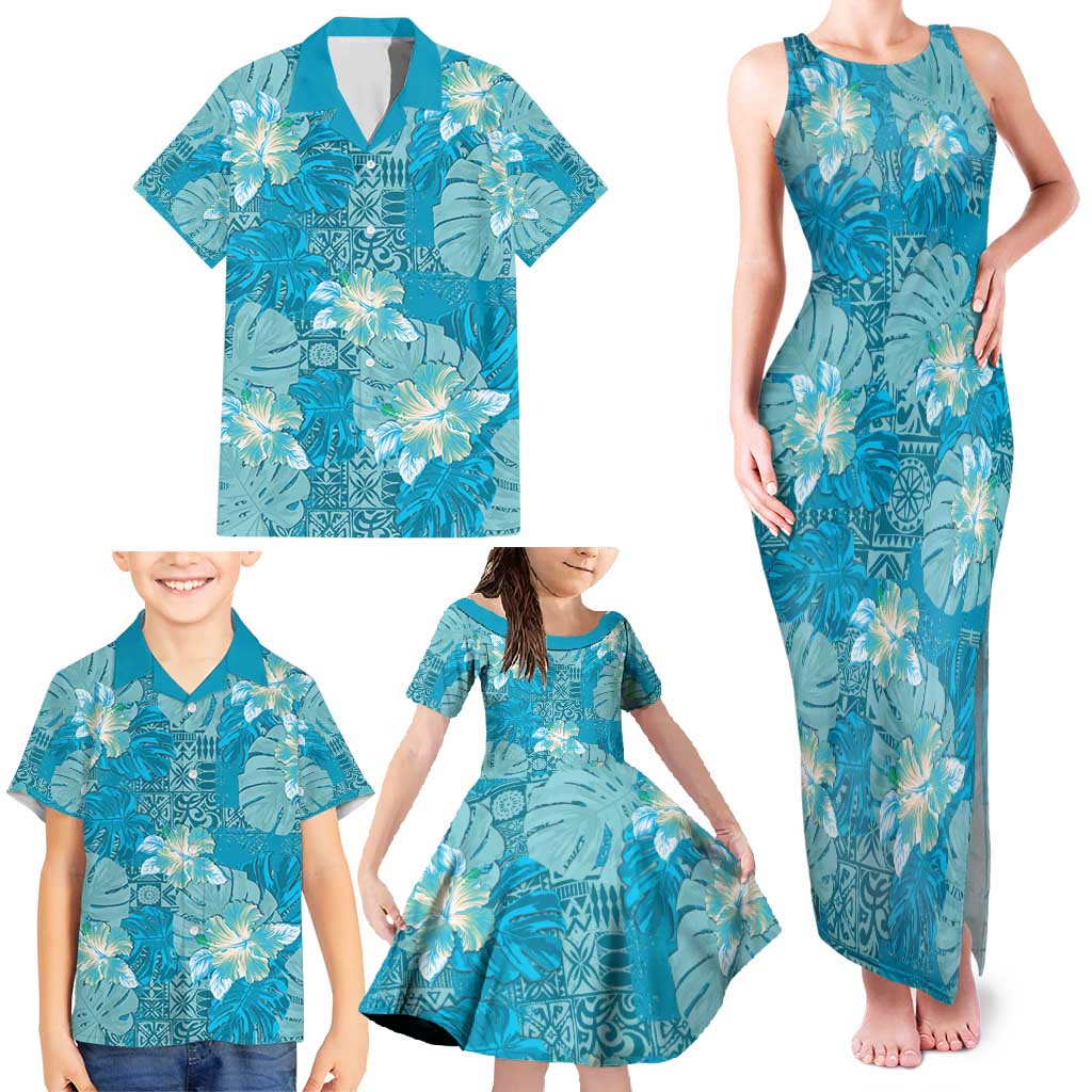 Hawaii Family Matching Tank Maxi Dress and Hawaiian Shirt Teal Polynesian Monstera Patterns - Polynesian Pride