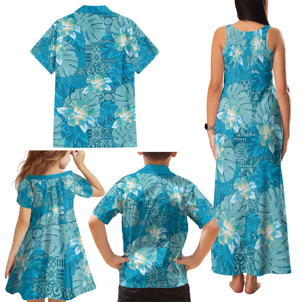 Hawaii Family Matching Tank Maxi Dress and Hawaiian Shirt Teal Polynesian Monstera Patterns - Polynesian Pride