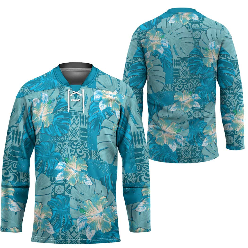 Hawaii Hockey Jersey Teal Polynesian Monstera Patterns DT05 - Polynesian Pride