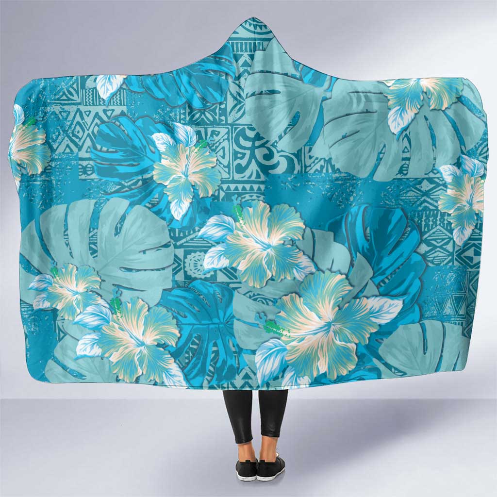 Hawaii Hooded Blanket Teal Polynesian Monstera Patterns - Polynesian Pride