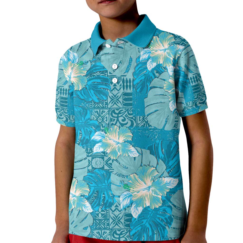 Hawaii Kid Polo Shirt Teal Polynesian Monstera Patterns - Polynesian Pride