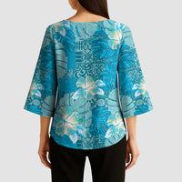 Hawaii Kimono Sleeve Blouse Teal Polynesian Monstera Patterns - Polynesian Pride