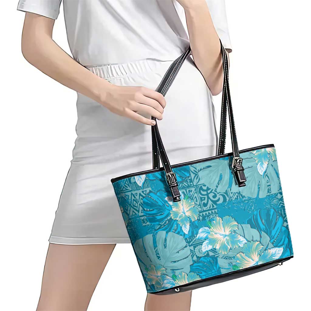 Hawaii Leather Tote Bag Teal Polynesian Monstera Patterns - Polynesian Pride