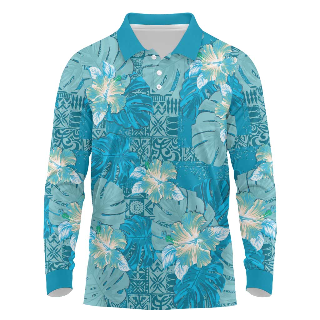 Hawaii Long Sleeve Polo Shirt Teal Polynesian Monstera Patterns DT05 Teal - Polynesian Pride