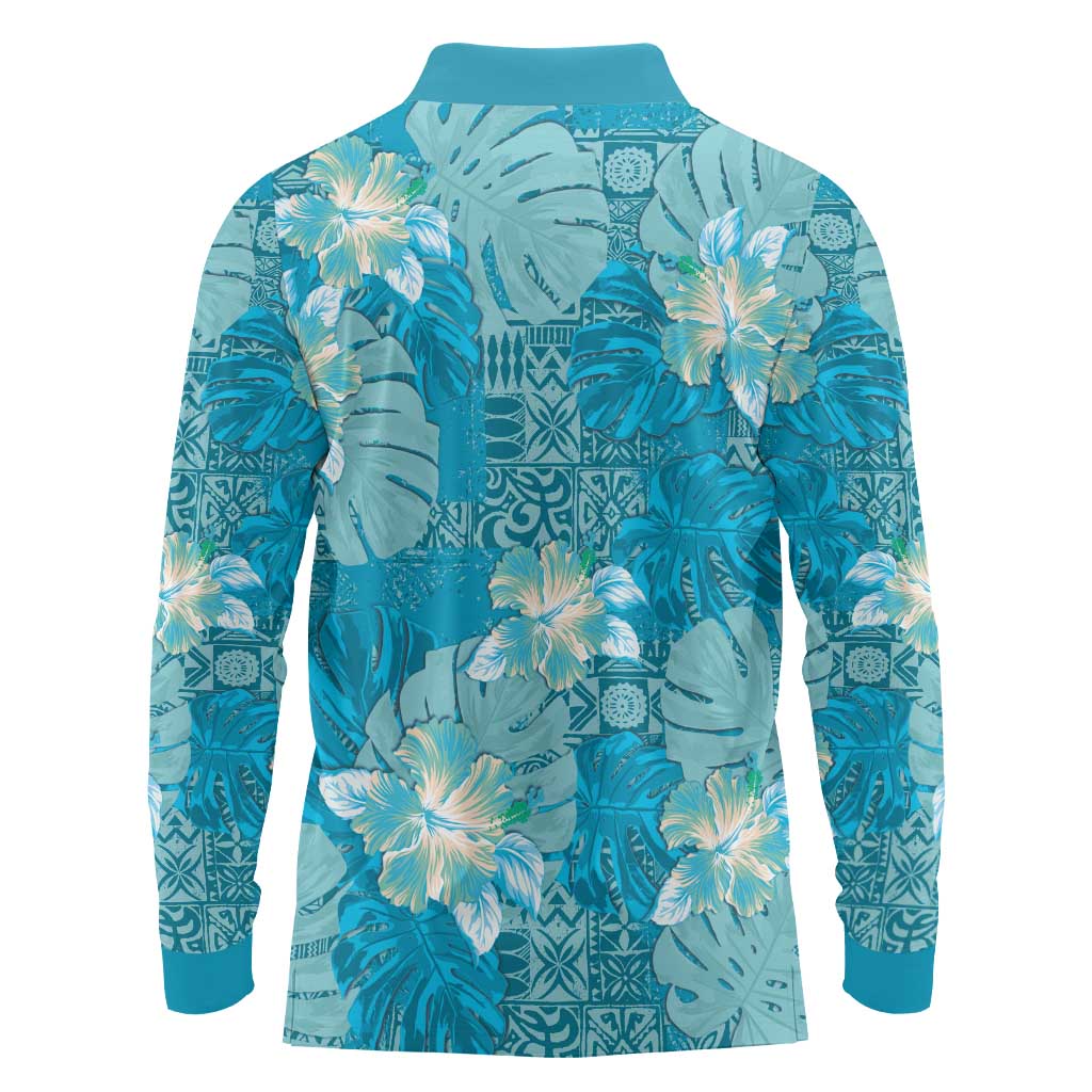 Hawaii Long Sleeve Polo Shirt Teal Polynesian Monstera Patterns DT05 - Polynesian Pride