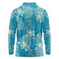 Hawaii Long Sleeve Polo Shirt Teal Polynesian Monstera Patterns DT05 - Polynesian Pride