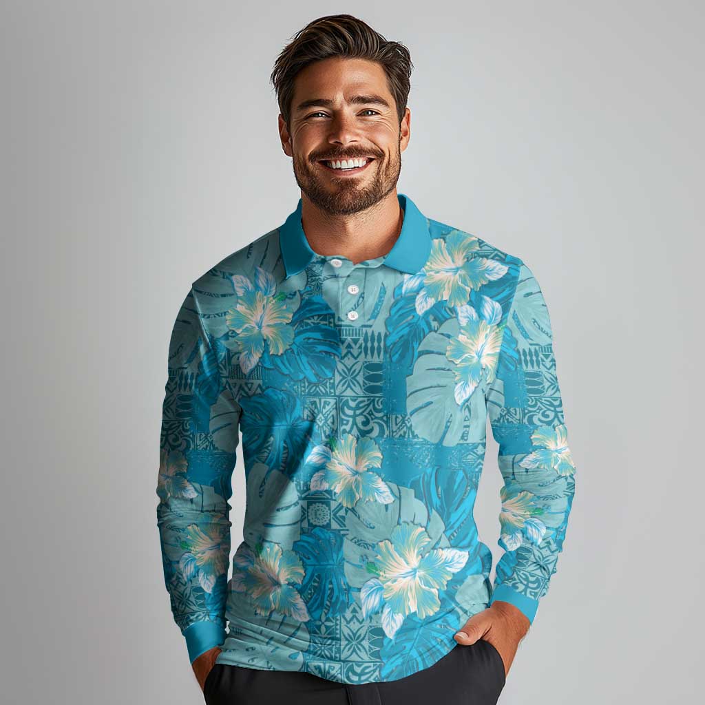 Hawaii Long Sleeve Polo Shirt Teal Polynesian Monstera Patterns DT05 - Polynesian Pride