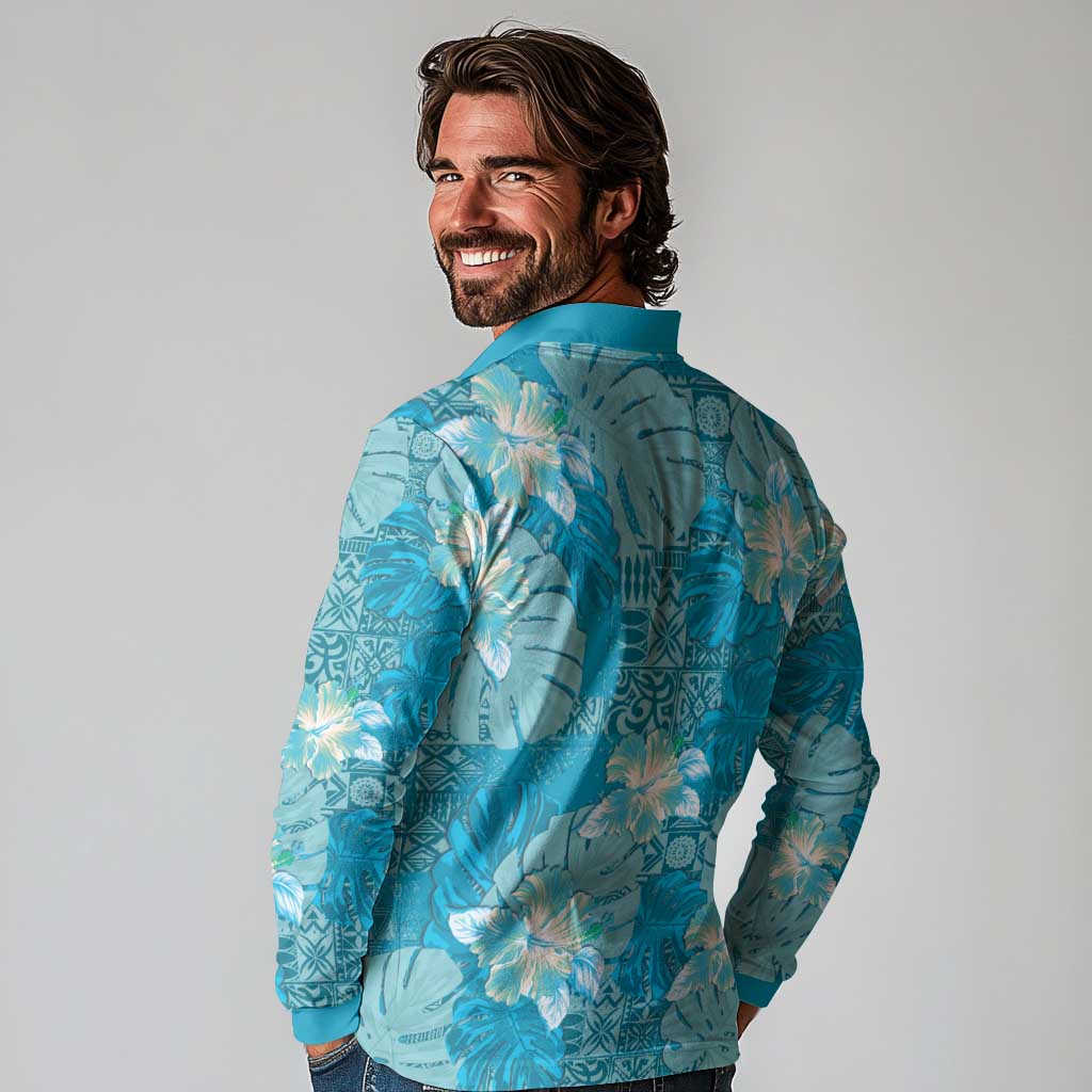 Hawaii Long Sleeve Polo Shirt Teal Polynesian Monstera Patterns DT05 - Polynesian Pride