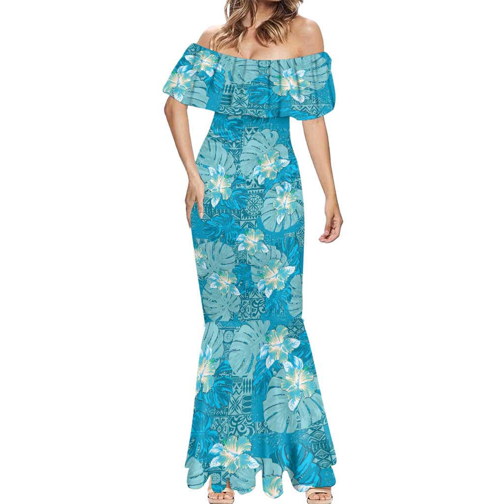 Hawaii Mermaid Dress Teal Polynesian Monstera Patterns - Polynesian Pride