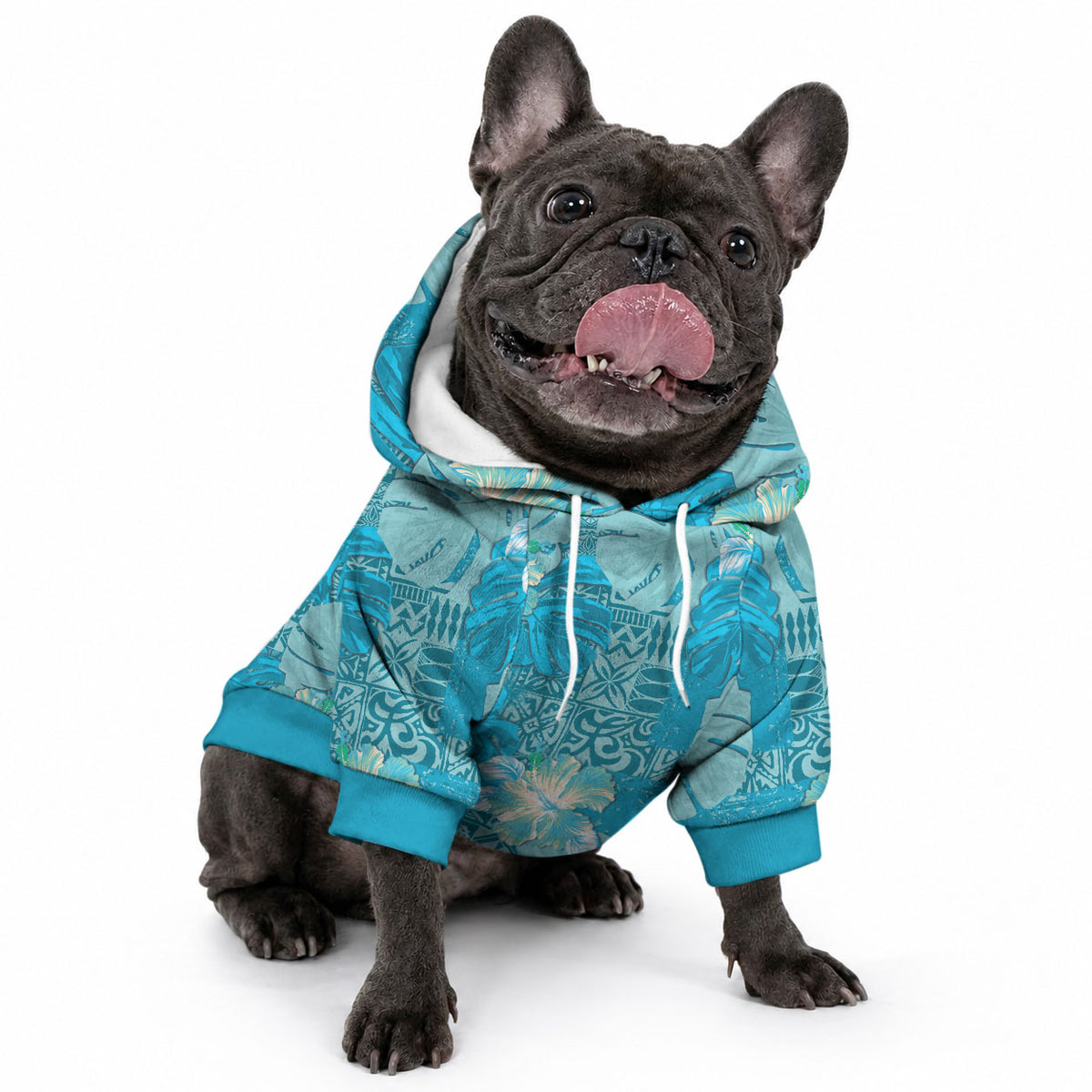 Hawaii Pet Hoodie Teal Polynesian Monstera Patterns