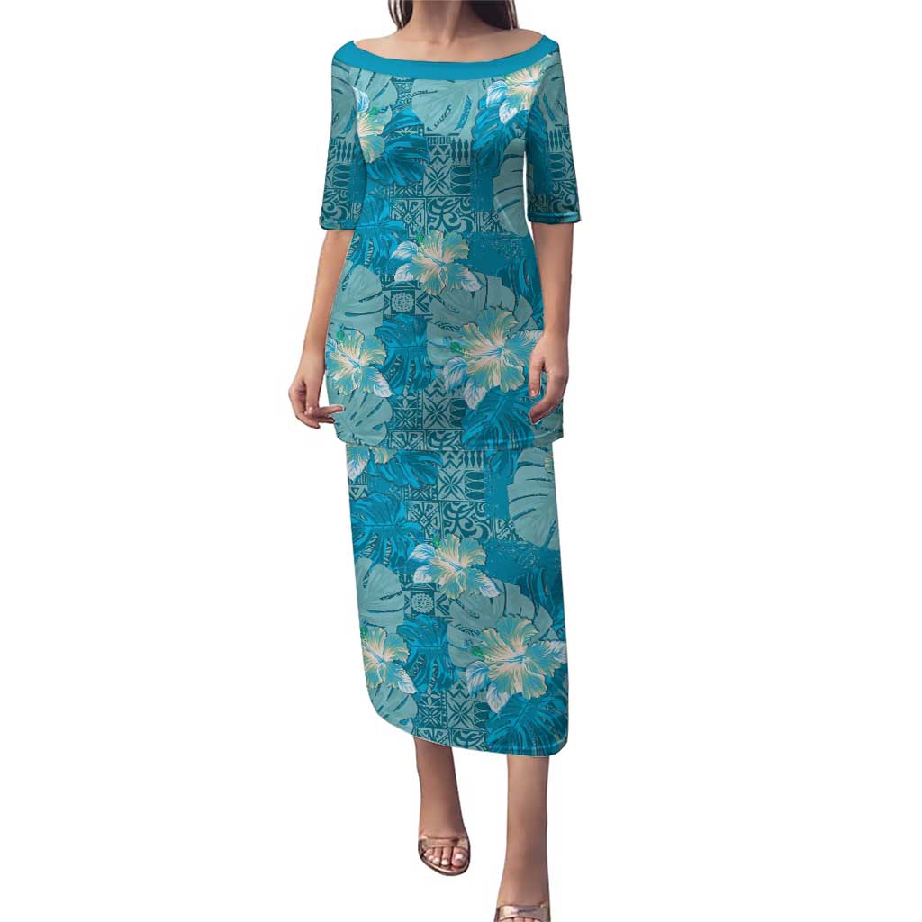 Hawaii Puletasi Teal Polynesian Monstera Patterns - Polynesian Pride