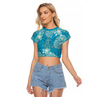 Hawaii Raglan Cropped T Shirt Teal Polynesian Monstera Patterns DT05 Female Teal - Polynesian Pride