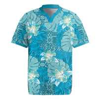 Hawaii Rugby Jersey Teal Polynesian Monstera Patterns - Polynesian Pride