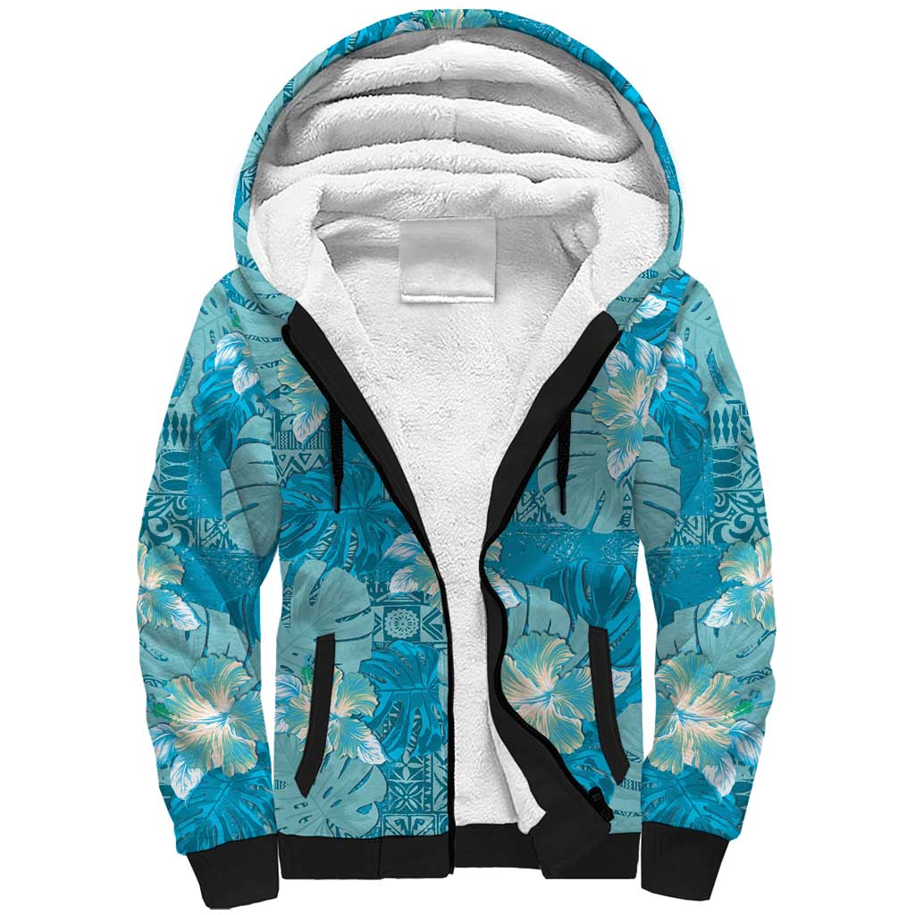 Hawaii Sherpa Hoodie Teal Polynesian Monstera Patterns - Polynesian Pride